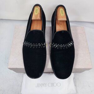 Jimmy Choo MENS Thame Crystal Embellished Velvet Black Loafer